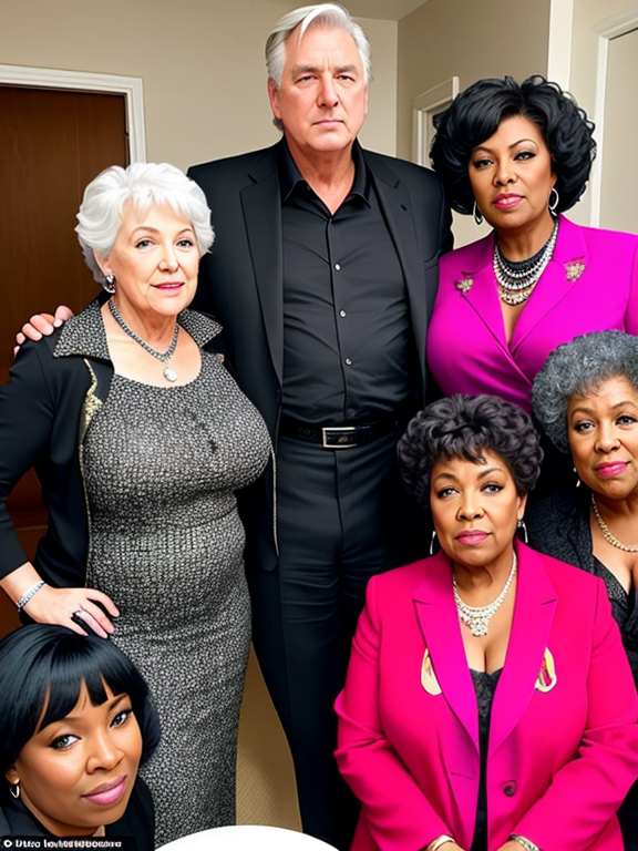 Make this man look very flamboyant and show him surrounded by big elderly black women