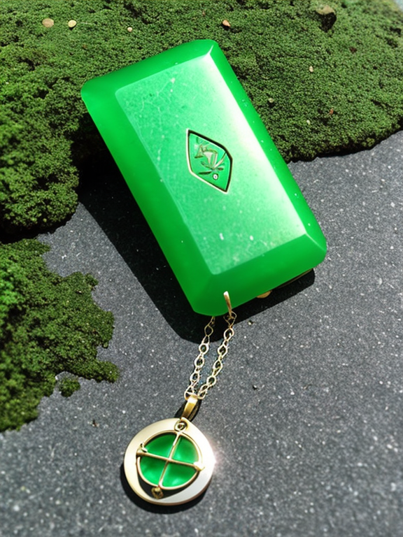 A beautiful green Amulet slowly sinking to the bottom of the ocean
