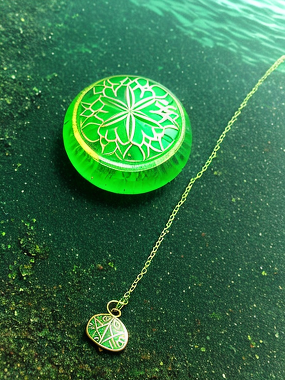 A beautiful green Amulet in the process of slowly sinking to the bottom of the ocean