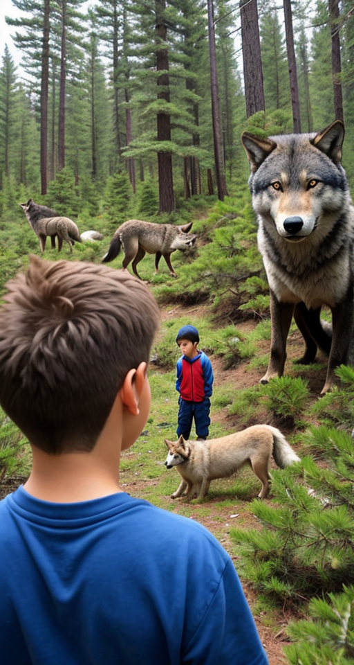 A boy and a girl surrounded by hungry ferocious wolves in a pine forest