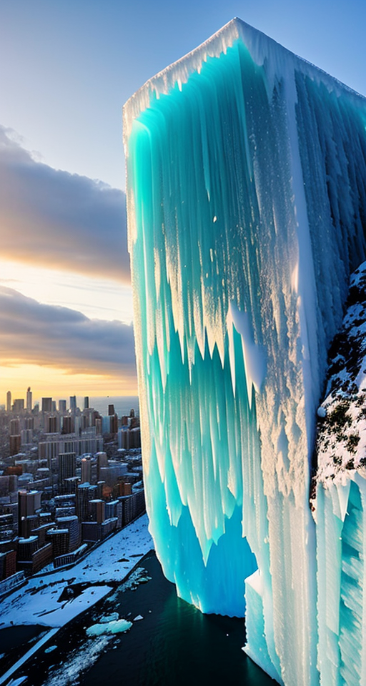 a gigantic block of ice falling on a coastal city