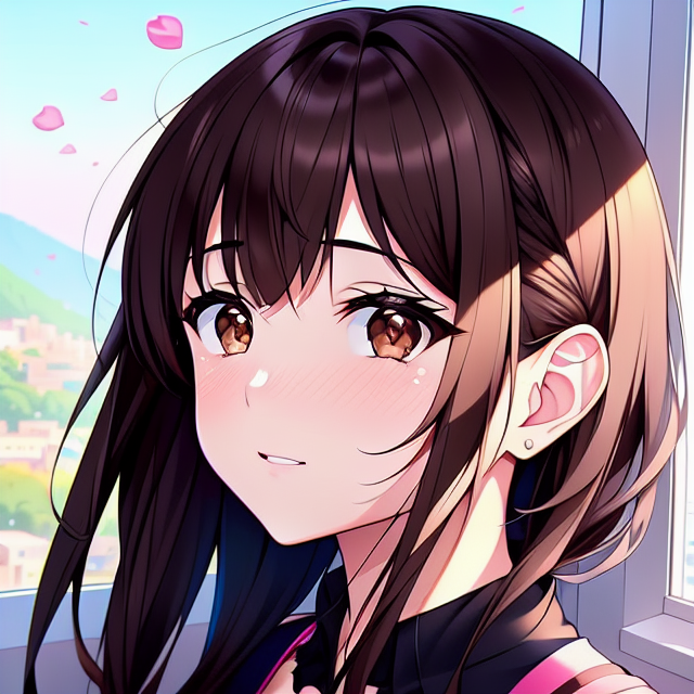 anime girl with brown hair, brown eyes, pink heart-shaped pupils, blushing cheeks, and a yandere expression, against a white background. , scenic view window, digital art by artists such as Loish, Ross Tran, and Artgerm, highly detailed and smooth, with a playful and whimsical feel, trending on Artstation and Instagram, 2d art, Lofi Music Anime Illustrations Wallpapers, unique and eye-catching thumbnails, covers for your YouTube videos and music tracks, Vector illustration, 2D, Anime style