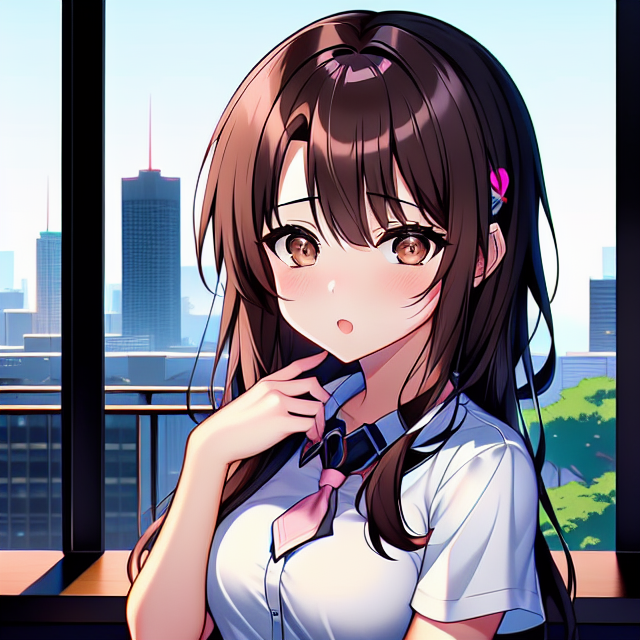 anime gamer girl with brown hair, brown eyes, pink heart-shaped pupils, a hand over her chest, blushing cheeks, and a yandere expression., scenic view window, digital art by artists such as Loish, Ross Tran, and Artgerm, highly detailed and smooth, with a playful and whimsical feel, trending on Artstation and Instagram, 2d art, Lofi Music Anime Illustrations Wallpapers, unique and eye-catching thumbnails, covers for your YouTube videos and music tracks, Vector illustration, 2D, Anime style