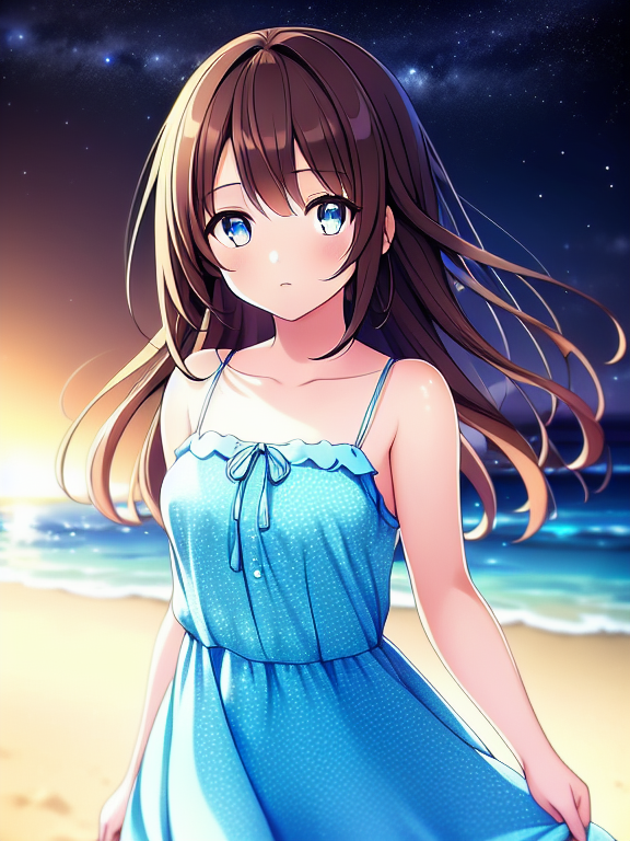 A anime screenshot of a girl wearing sundress on a beach at night. Looking at viewer, beautiful detailed eyes, bokeh, depth blur . anime style, key visual, vibrant, studio anime, highly detailed