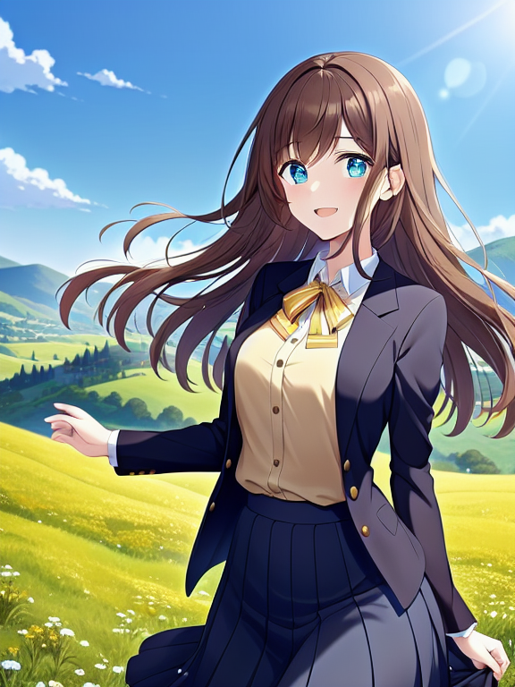 An anime portrait of a young woman with long brown hair and large, bright blue eyes. She is wearing a black blazer with golden buttons, a white blouse, and a black bow, paired with a black pleated skirt. The scene is depicted in a detailed, colorful anime style with a friendly, expressive atmosphere. In the background, there is a picturesque landscape with green meadows, flowers, and gentle hills under a clear blue sky. The image has soft lighting that highlights the young woman's facial features and presents the entire scene in a cheerful, sunny ambiance.