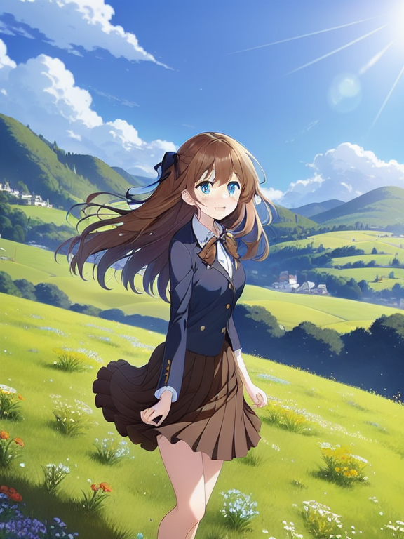 An anime portrait of a young woman with long brown hair and large, bright blue eyes. She is wearing a black blazer with golden buttons, a white blouse, and a black bow, paired with a black pleated skirt. The scene is depicted in a detailed, colorful anime style with a friendly, expressive atmosphere. In the background, there is a picturesque landscape with green meadows, flowers, and gentle hills under a clear blue sky. 