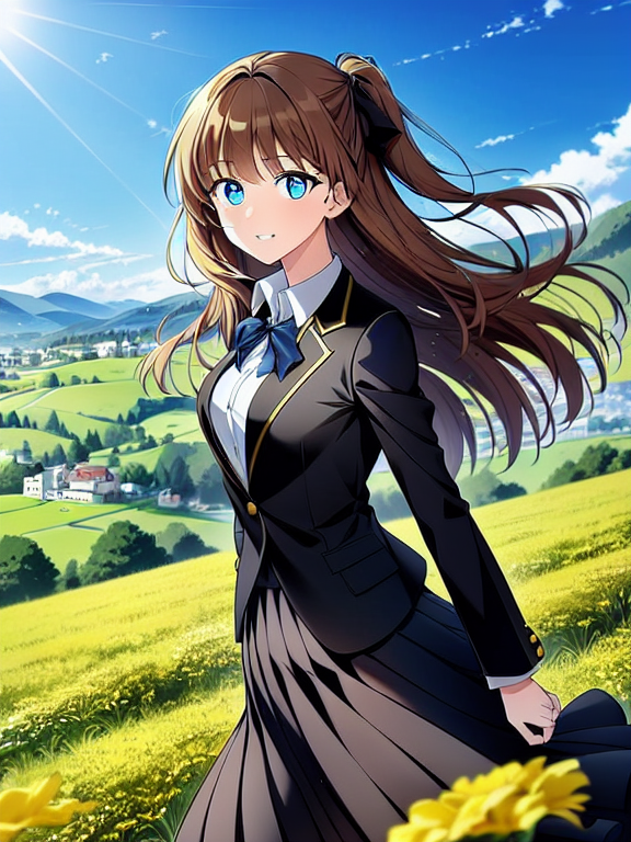 An anime portrait of a young woman with long brown hair and large, bright blue eyes. She is wearing a black blazer with golden buttons, a white blouse, and a black bow, paired with a black pleated skirt. The scene is depicted in a detailed, colorful anime style with a friendly, expressive atmosphere. In the background, there is a picturesque landscape with green meadows, flowers, and gentle hills under a clear blue sky. The image has soft lighting that highlights the young woman's facial features and presents the entire scene in a cheerful, sunny ambiance.with long brown hair and large, bright blue eyes. She is wearing a black blazer with golden buttons, a white blouse, and a black bow, paired with a black pleated skirt. The scene is depicted in a detailed, colorful anime style with a friendly, expressive atmosphere. In the background, there is a picturesque landscape with green meadows, flowers, and gentle hills under a clear blue sky. 