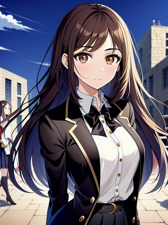 An anime-style portrait of a young woman with long, straight brown hair and large, expressive brown eyes. She has a delicate, soft facial expression and is wearing subtle makeup. She wears a black blazer with golden buttons, a white blouse, a black bow, and a black pleated skirt. She stands in the center of the image, her entire body visible, with a medieval urban background.