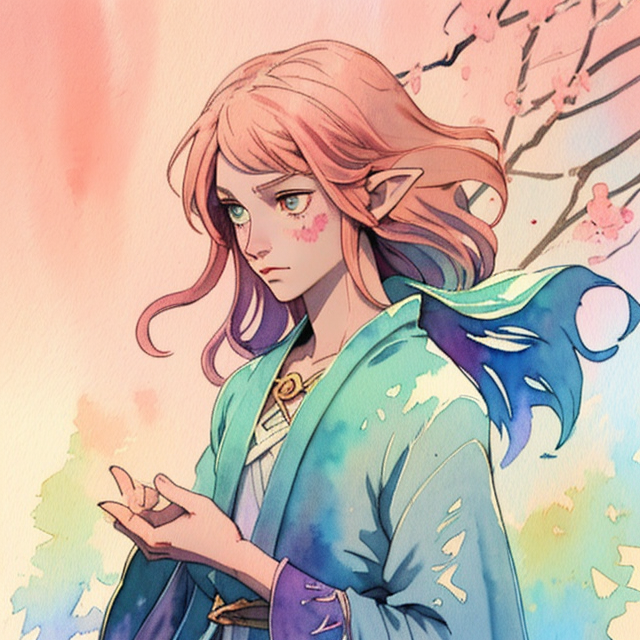 Feminine Male Spring Eladrin Wizard from D&D , A simple, minimalistic art with mild colors, using Boho style, aesthetic, watercolor
