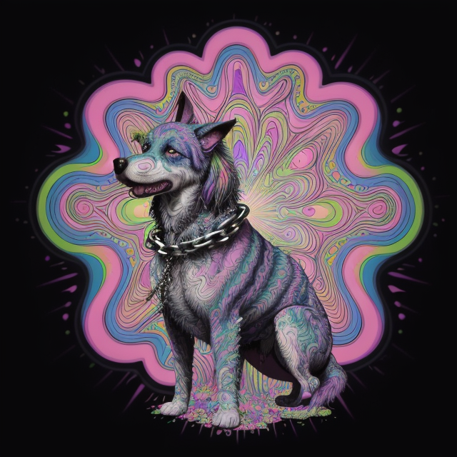 psycodelic hippy repeat pattern, Vicious psychedelic dog off the chain, psychedelic Surrealism, realistic psychedelic hallucinations, Pablo Amaringo psychedelic art, Surreal weird art, Trippy, psychedelics, happiness, love colorful tones, highly detailed clean,  vector image, Professional photography, smoke explosion, Simple background,  flat black background, shiny vector, back background