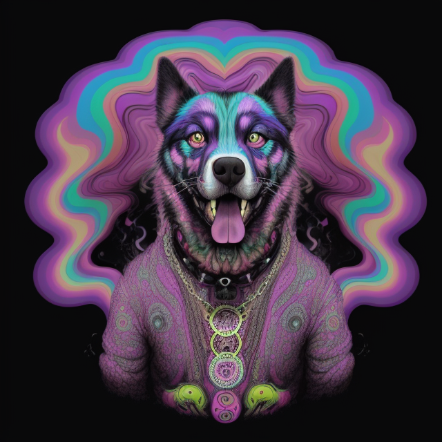psycodelic hippy repeat pattern, Growling psychedelic dog off the chain, psychedelic Surrealism, realistic psychedelic hallucinations, Pablo Amaringo psychedelic art, Surreal weird art, Trippy, psychedelics, happiness, love colorful tones, highly detailed clean,  vector image, Professional photography, smoke explosion, Simple background,  flat black background, shiny vector, back background