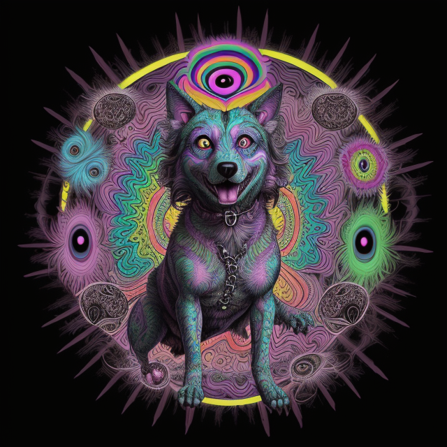 psycodelic hippy repeat pattern, Attacking psychedelic 3 eyed dog off the chain, psychedelic Surrealism, realistic psychedelic hallucinations, Pablo Amaringo psychedelic art, Surreal weird art, Trippy, psychedelics, happiness, love colorful tones, highly detailed clean,  vector image, Professional photography, smoke explosion, Simple background,  flat black background, shiny vector, back background