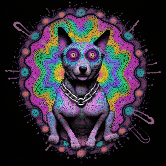 psycodelic hippy repeat pattern,  psychedelic 3 eyed dog breaking its chain, psychedelic Surrealism, realistic psychedelic hallucinations, Pablo Amaringo psychedelic art, Surreal weird art, Trippy, psychedelics, happiness, love colorful tones, highly detailed clean,  vector image, Professional photography, smoke explosion, Simple background,  flat black background, shiny vector, back background