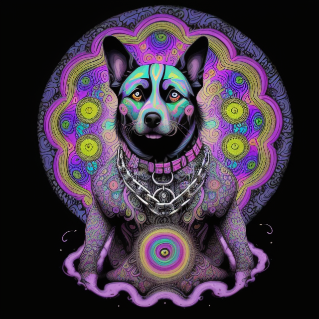 psycodelic hippy repeat pattern,  psychedelic dog with third eye breaking its chain, psychedelic Surrealism, realistic psychedelic hallucinations, Pablo Amaringo psychedelic art, Surreal weird art, Trippy, psychedelics, happiness, love colorful tones, highly detailed clean,  vector image, Professional photography, smoke explosion, Simple background,  flat black background, shiny vector, back background