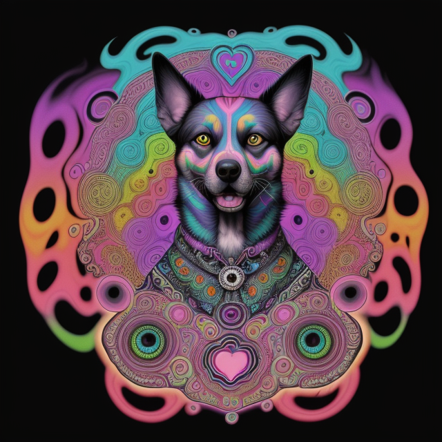 psycodelic hippy repeat pattern,  psychedelic dog with third eye in middle of forehead , psychedelic Surrealism, realistic psychedelic hallucinations, Pablo Amaringo psychedelic art, Surreal weird art, Trippy, psychedelics, happiness, love colorful tones, highly detailed clean,  vector image, Professional photography, smoke explosion, Simple background,  flat black background, shiny vector, back background