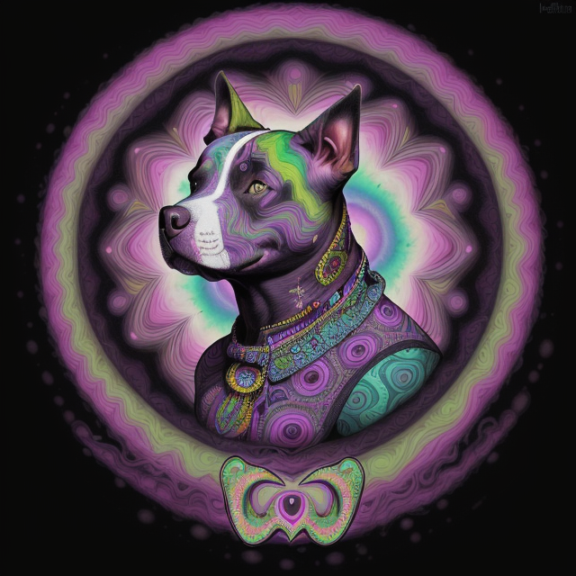 psycodelic hippy repeat pattern,  psychedelic pitbull with third eye in middle of its forehead , psychedelic Surrealism, realistic psychedelic hallucinations, Pablo Amaringo psychedelic art, Surreal weird art, Trippy, psychedelics, happiness, love colorful tones, highly detailed clean,  vector image, Professional photography, smoke explosion, Simple background,  flat black background, shiny vector, back background
