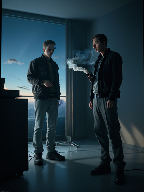 smoking,trap,two man,sky,future,studio recording, Cinematic scene, Atmospheric perspective, 2 point perspective, Hyperrealism, Professional photography