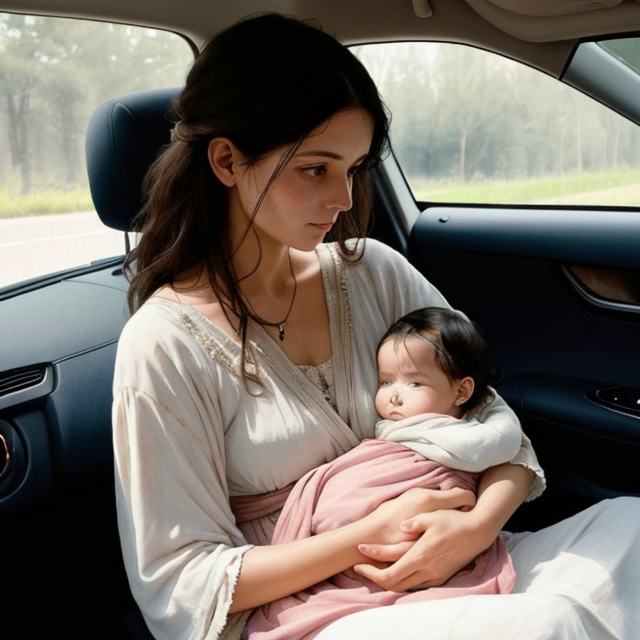 The camera angle is 1 meter from the front of the mother holding a sick baby girl in the car, A simple, minimalistic art with mild colors, using Boho style, aesthetic, watercolor