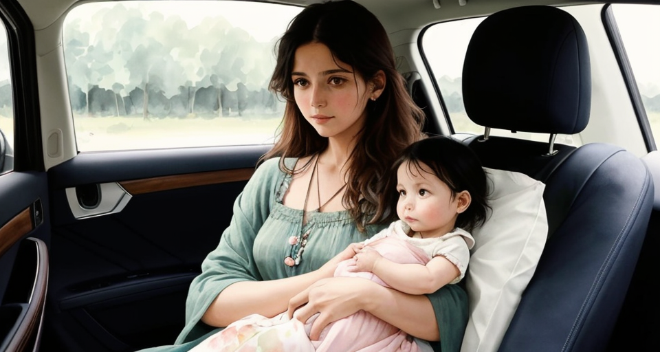 The camera angle is 1 meter from the front of the mother holding a sick baby girl in the car, A simple, minimalistic art with mild colors, using Boho style, aesthetic, watercolor