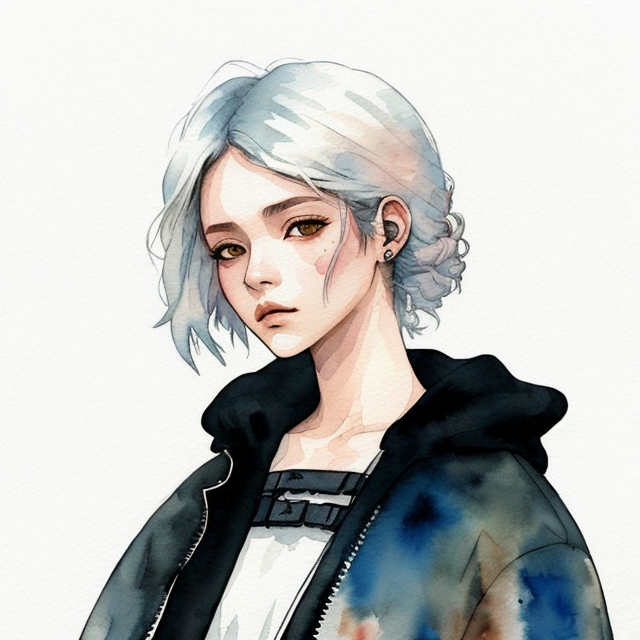a lo lejos una mujer con cabello blanco acostada y dormida en un mundo cyberpunk, A simple, minimalistic art with mild colors, using Boho style, aesthetic, watercolor