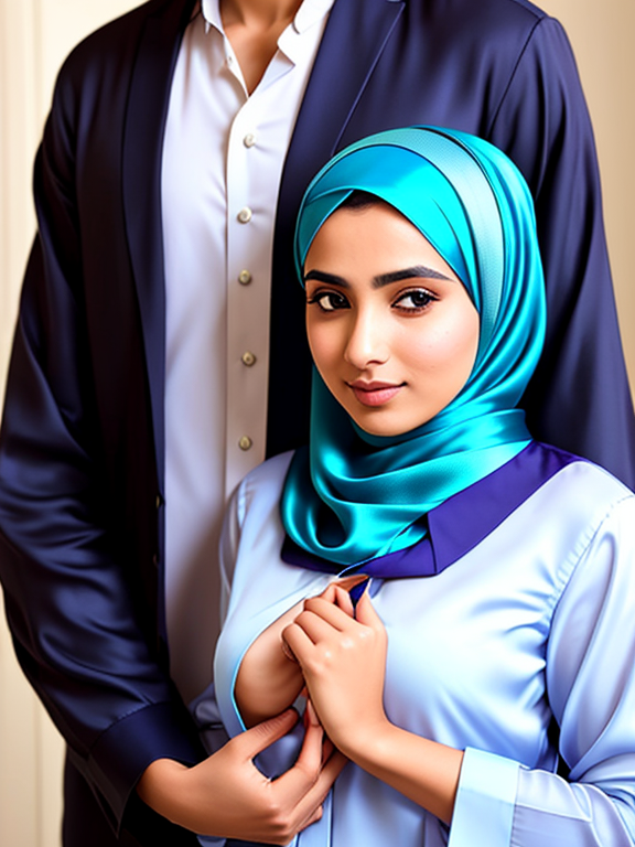 a muslim woman wearing a silk shirt a man hold his hand on her chest