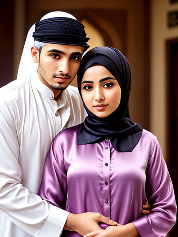 a muslim woman wearing a silk shirt a man hold his hand on her chest, realistic photo