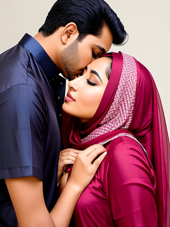 a muslim woman wearing a silk shirt a indian man kissing her boobs