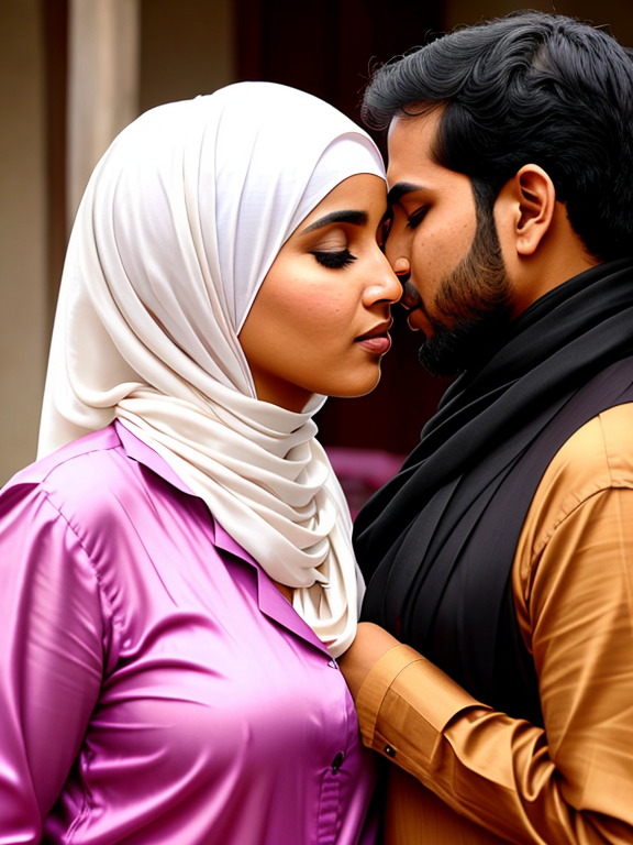 a muslim woman wearing a silk shirt a indian man kissing her boobs