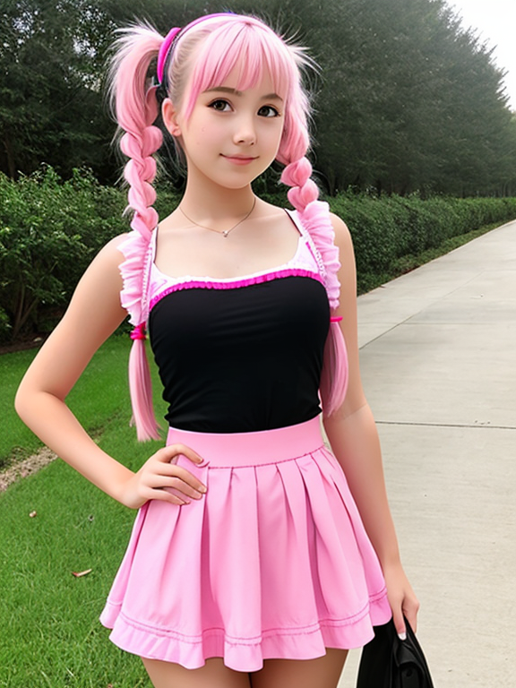 Teenage Girl with miniskirt and pink pigtails