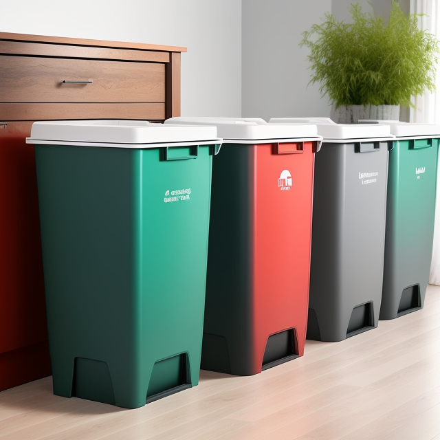 Masterpiece, best quality, scandi-boho style, create a system has 5 bins for 5 types of trash. each bin has a color represent for each type trash. green for organic waste, blue for paper waste, gray for metal waste, yellow for plastic waste, red for grass, ethno style, spectacular, Award winning
