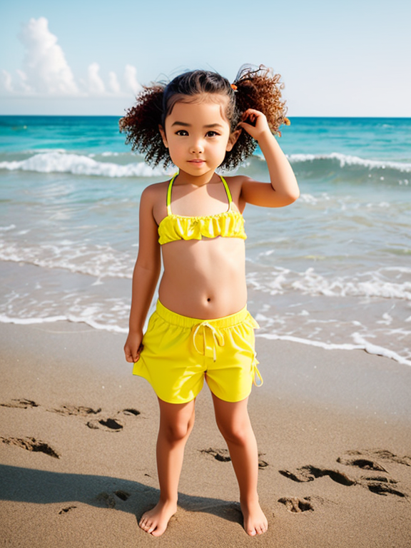Girl bikini yellow kids in beach with hair in the wind