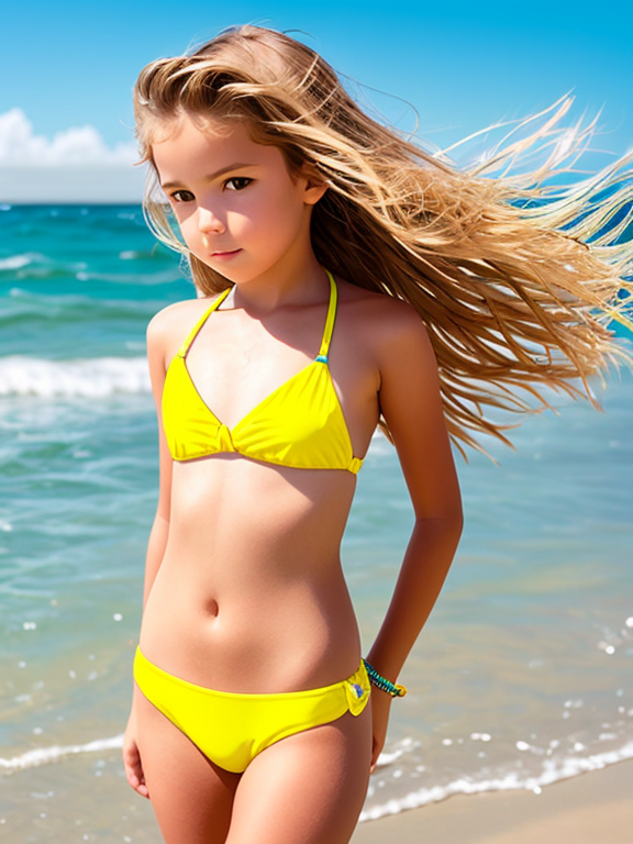 Girl bikini yellow kids in beach with hair in the wind and with your hand on your waist
