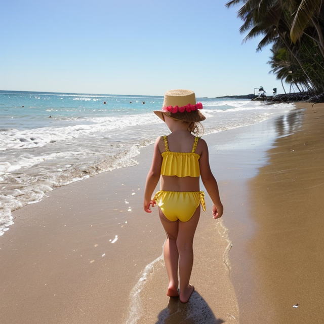 Girl bikini yellow kids in beach and back