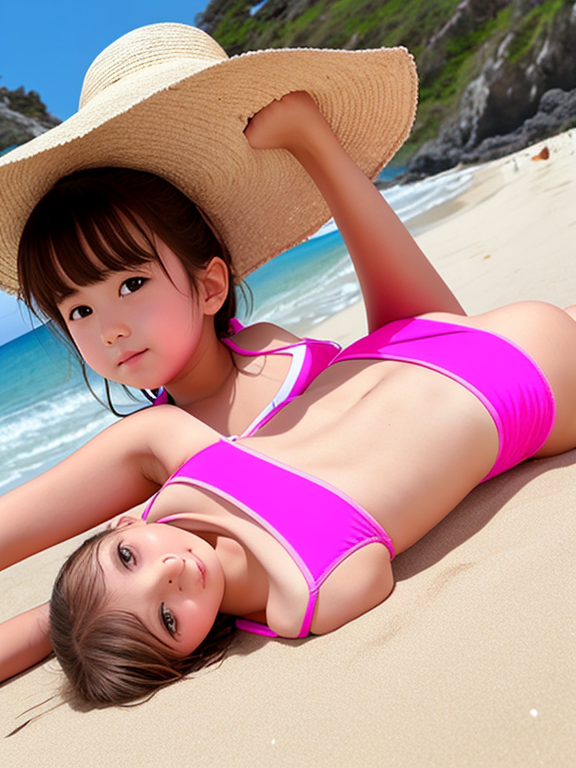 girl kids bikini pink in beach lying down and on your back
