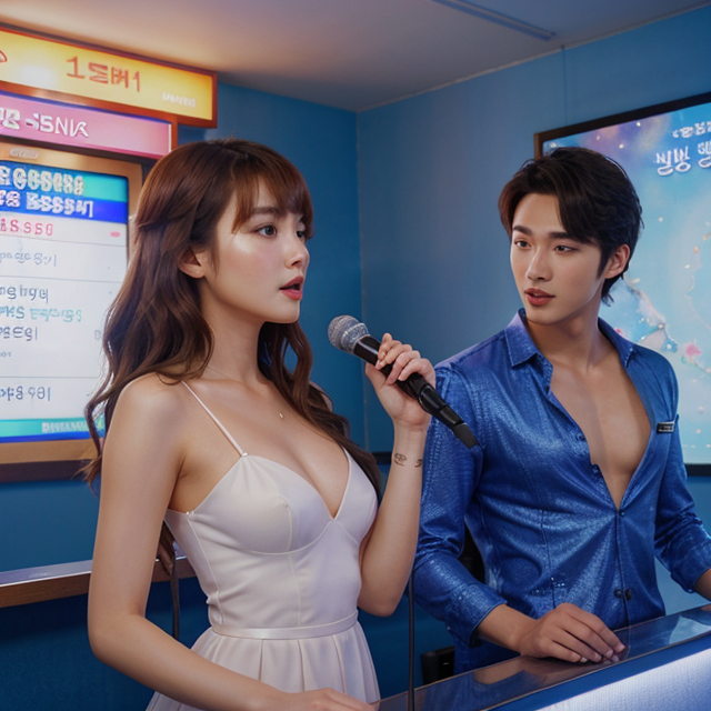a photo of a beautiful, cute, A scene where korean beautiful woman and korean handsome man sing in a Korean karaoke room, a karaoke background with colorful lighting, standing behind the counter, blue eyes, shiny skin, freckles, detailed skin, price labels, a masterpiece