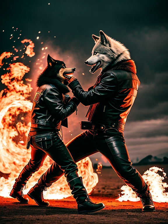 a monster wearing a leather jacket is fighting with a wolf