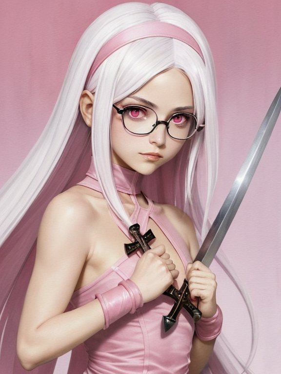Ultra detailed art of a girl with glasses and a white hair, pink eyes, who wears pink and holds an sword in the shape of a crucifix, with color palette, a spike headband, using a variety of pink tones, and a different character design, she is a mysterious character, covering almost all of her body, just showing her face and hair, long hair, pink big eyes, round face, pink background, anime, in a fight pose, watercolor anime  
