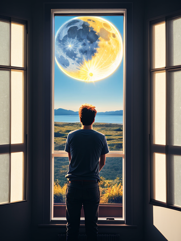 A man having sun and moon flash at one time and looking through a window to a women