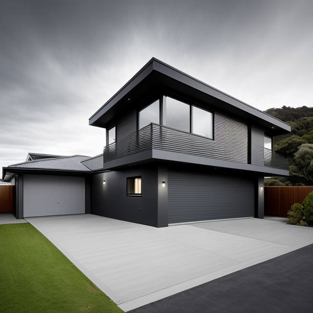 a modern house in austria, modern design. 2 floors with garage, hillside +2m,  Flatroof, grey windows with big glasses, ecterieur cover some wood mixed with grey alu panel in darkgrey, , photo realistic, A highly detailed portrait of a modern urban building with clear Maori influences, Set against a dramatic and moody sky, Darkly intricate and sharp-focused, This piece channels the work of architects like Brendon Dwyer as well as artists like Lisa Rihanna and Ralph Hotere, Featuring smooth rendering and rich textures, This art piece perfectly showcases the conceptual and physical elegance of Maori design in a contemporary context.