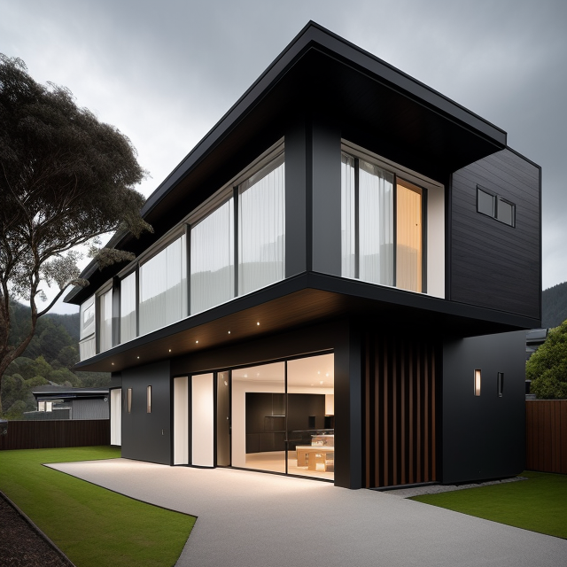 a modern house in austria, modern design. 2 floors with garage, hillside, white fascade, garden with 31 meter to 35 meter,  Flatroof, grey windows with big glasses, ecterieur cover some wood mixed with grey alu panel in darkgrey, , photo realistic, A highly detailed portrait of a modern urban building with clear Maori influences, Set against a dramatic and moody sky, Darkly intricate and sharp-focused, This piece channels the work of architects like Brendon Dwyer as well as artists like Lisa Rihanna and Ralph Hotere, Featuring smooth rendering and rich textures, This art piece perfectly showcases the conceptual and physical elegance of Maori design in a contemporary context.