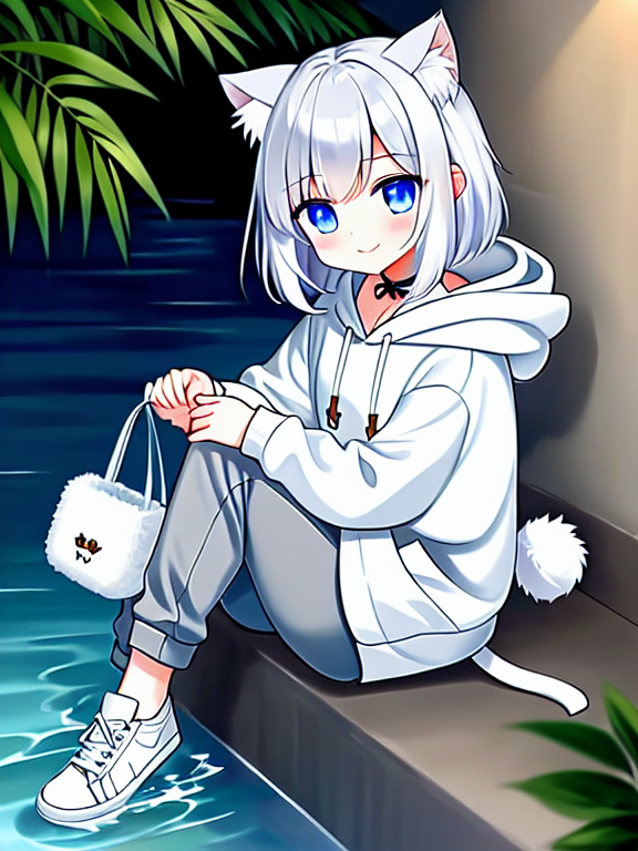 (masterpiece), best quality, expressive eyes, perfect face, Cute mini cat chibi girl, has silky white hair, pointed cat ears with a slightly darker white ear fluff, pastel pink ear skin, has a fluffy white cat tail, wears a white oversized hoodie with a cute light grey paw print in the middle, white sneakers, also wears light grey headphones around her neck, silver/light grey eyes, smooth 