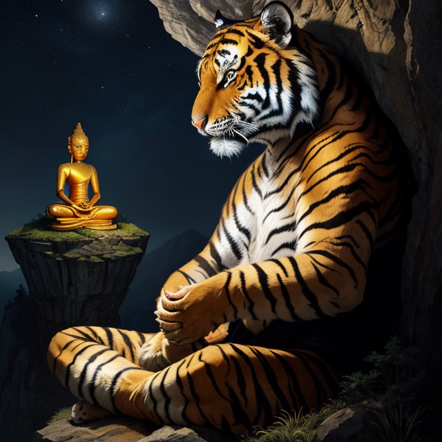  by Anton Semenov, tiger wearing robe meditation tiger Cliff night Buddha meditates A realistic painting of a tiger meditating cross-legged by a cliffside at night, next to the Buddha meditating, under the moonlight. A photorealistic image of a tiger meditating cross-legged by a cliffside at night, next to the Buddha meditating, in a serene natural setting, under the moonlight. An illustration of a tiger meditating cross-legged by a cliffside at night, next to the Buddha meditating, with a sense of reverence and mysticism., abstract dream, intricate details <lora:Add More Details:0.7>