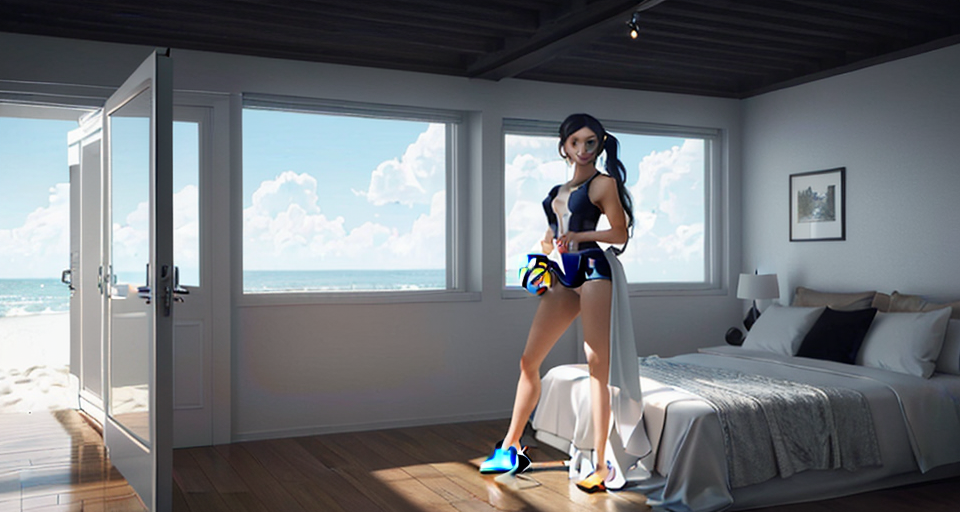 Portrait, A beautiful woman that is standing in a modern room, a twintails girl sit on the voleyball in the beach, sunlight, daylight, no cloud, white ship, ocean in background, full body view, real full body height, beautiful woman standing confidently in a bright, modern room with minimal decor, vivid lighting, and an elegant atmosphere, highly detailed and intricate digital painting, with sharp focus and smooth textures, inspired by the works of artgerm, Beautiful hair, Makeup, Octane render, 8k, Beautiful lighting, Golden ratio composition, hyper realistic