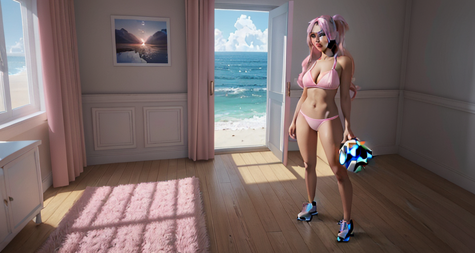 Portrait, A beautiful woman that is standing in a modern room, a twintails girl wear pink bikini sit on the voleyball in the beach, sunlight, daylight, no cloud, white ship, ocean in background, full body view, real full body height, beautiful woman standing confidently in a bright, modern room with minimal decor, vivid lighting, and an elegant atmosphere, highly detailed and intricate digital painting, with sharp focus and smooth textures, inspired by the works of artgerm, Beautiful hair, Makeup, Octane render, 8k, Beautiful lighting, Golden ratio composition, hyper realistic