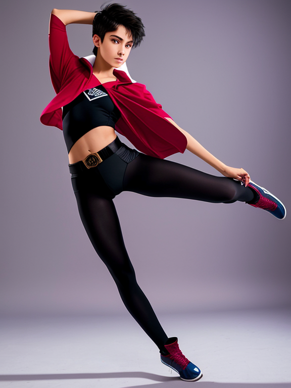 Dynaboy is dark haired, thin, powerful teenage boy in a high leg cut maroon and black lyrca girl's aerobics leotard over white tights. He also wears a belt, blue boots, and a blue cape. 