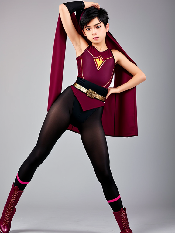 Dynaboy is dark haired, thin, powerful teenage boy in a high leg cut maroon and black lyrca girl's aerobics leotard over white tights. He also wears a belt, blue boots, and a blue cape. 