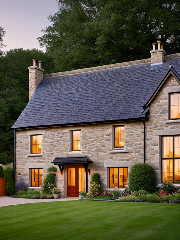 a house inspired by an English stone cottage that looks like it is out of the Cotswolds. The image is a photo quality taken at dusk showcasing the homes curb appeal and the photograph is being taken to be on the cover of a magazine.