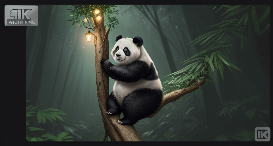 silly panda cartoon story style climbing a tree in jungle, Photo, Lights, Bokeh, Foreground in focus, Background out of focus, Dark background, 8k, Bokeh background, (((4k collection card design, embossed, super rare))),
