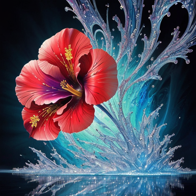 masterpiece, top quality, best quality, official art, beautiful and aesthetic, extreme detailed, abstract, fractal art, colorful, highest detailed, سگ شاد در حال دویدن, Hibiscus, water, ice, lightning, splash_art, scenery, ink