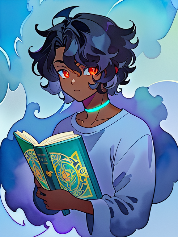A cute boy with dark skin, curly white hair and glowing gray eyes. He is holding a book and seems aloof., black curly-silky hair, style cartoon, colors, two-dimensional, planar vector, character design, Studio Ghibli style, fantasy art, watercolor effect, Alphonse Mucha, Adobe Illustrator, digital painting, soft lighting, aerial view, isometric style, retro aesthetics, focusing on people, 8K resolution, octane render